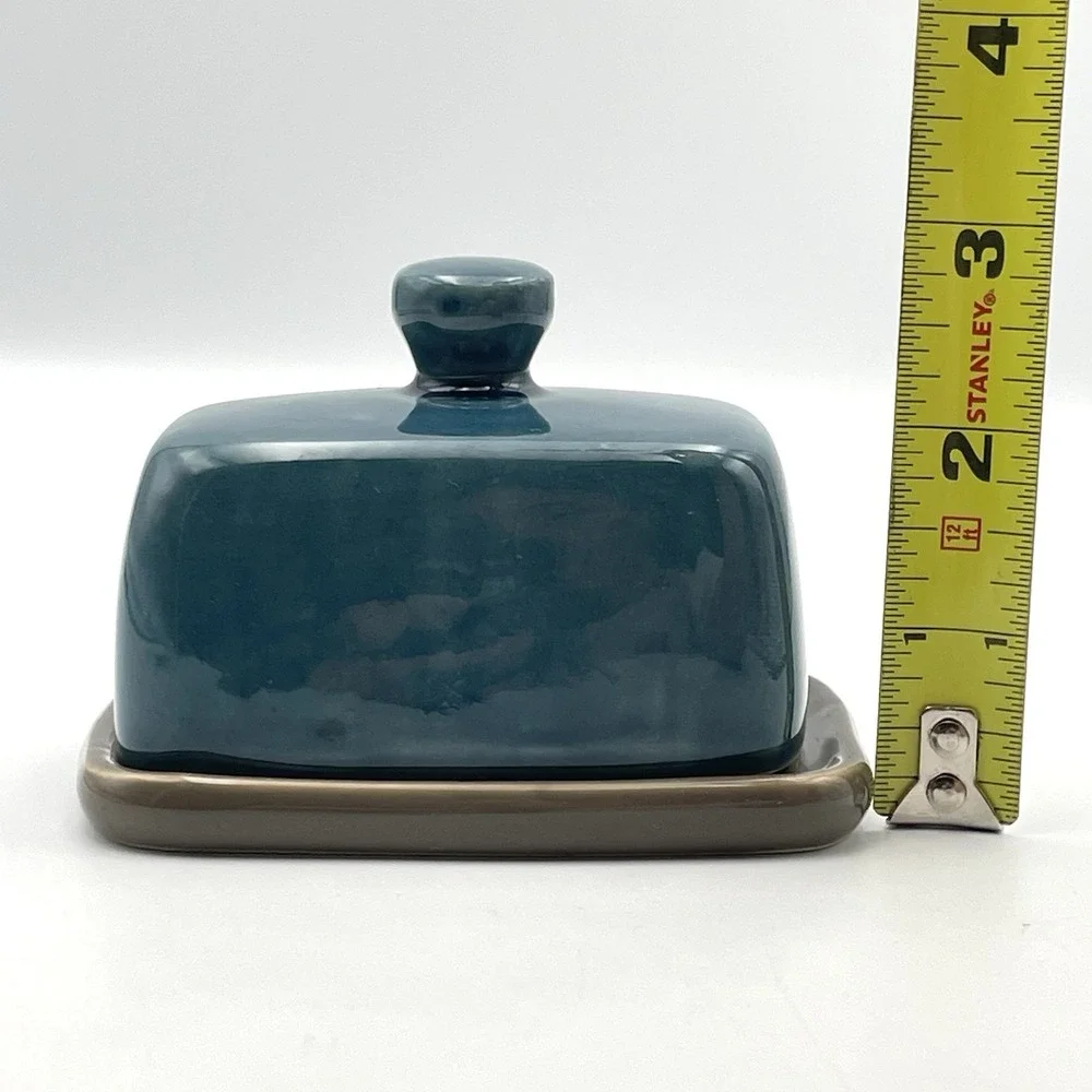 Threshold Mini Teal Blue Stoneware Covered Butter Dish Gray Tray Lid 4